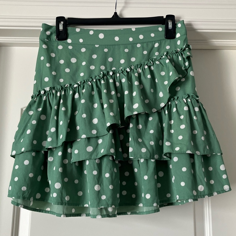 Vero Moda Asymmetrical Ruffle Green Polka Dot Mini Skirt